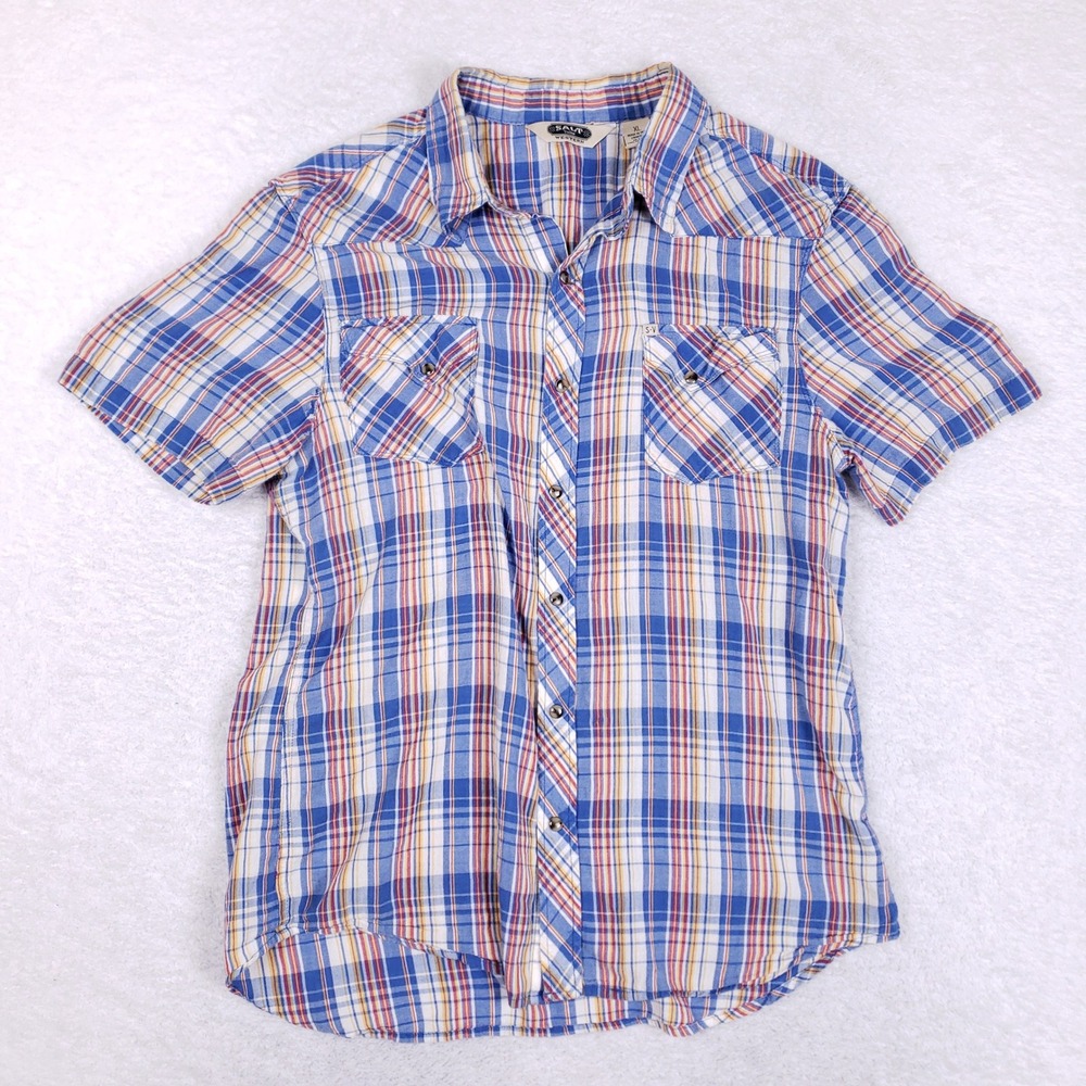 Salt Valley Western Plaid Pearl Snap Shirt Mens XL Short Sleeve Blue Yellow